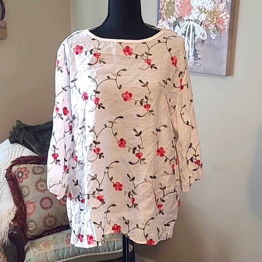 ANA & ROSE white pink green floral embroidered blouse top 2X Very lightweight
